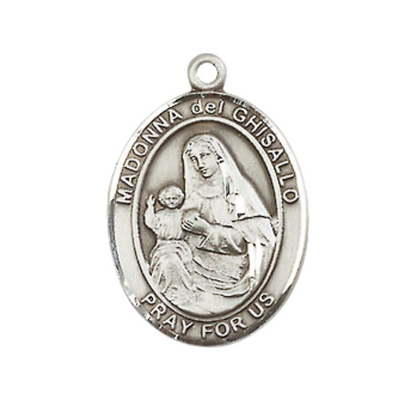 Medium Men's .925 Sterling Silver Saint St.Madonna Del Ghisallo Medal Pendant on 24 Inch Endless Rhodium Plated Heavy Curb Brass Chain, Catholic Religious Necklace -Made in USA- Deluxe Velvet Gift Box