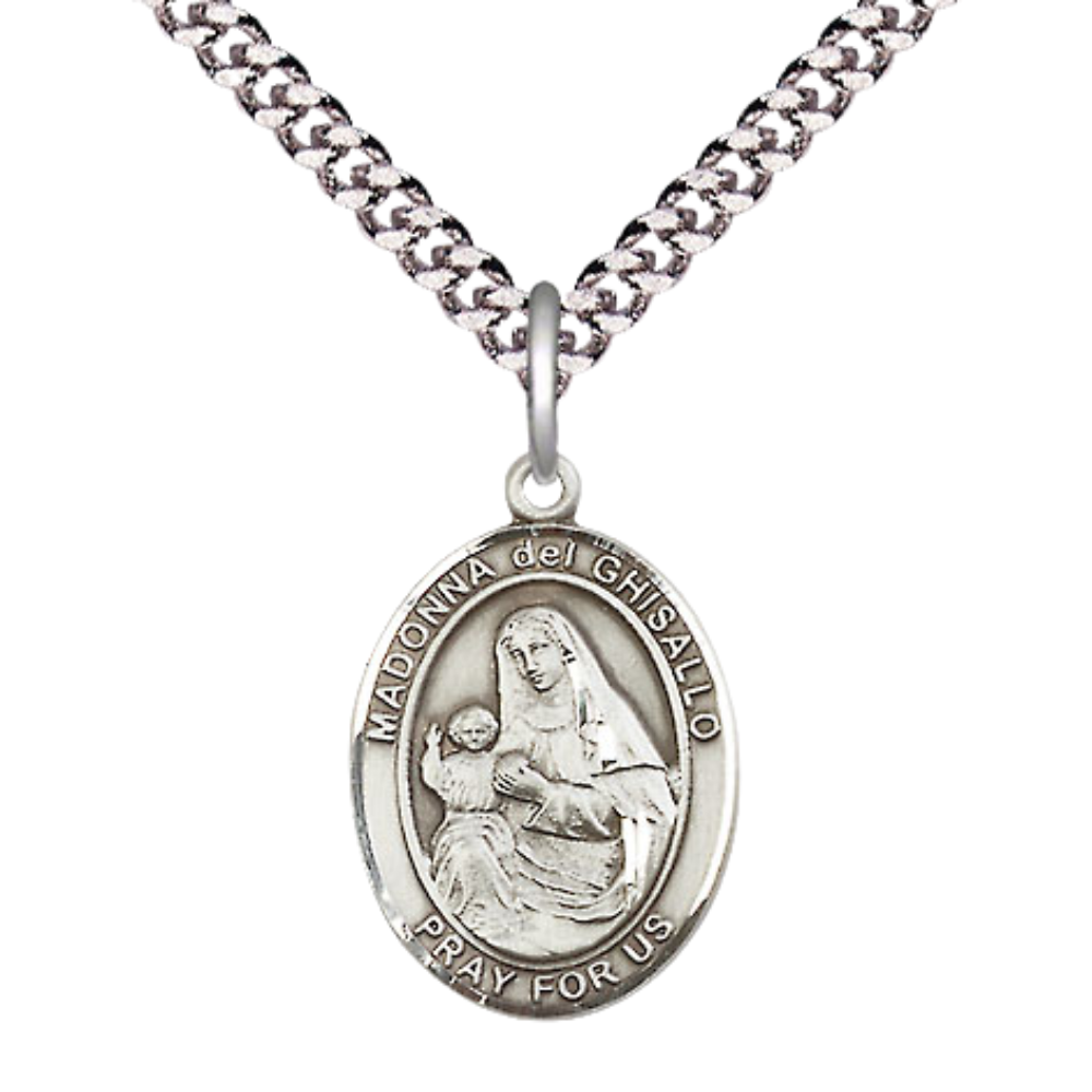 Medium Men's Pewter Saint St. Madonna Del Ghisallo Medal Pendant on 24 Inch Endless Rhodium Plated Heavy Curb Brass Chain, Catholic Religious Necklace - Made in USA- Deluxe Velvet Gift Box
