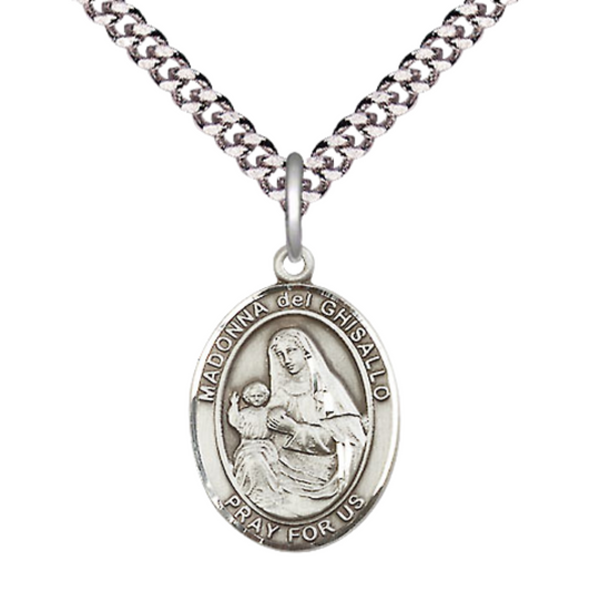 Medium Mens Oval Sterling Silver Saint Madonna Del Ghisallo Medal Pendant on 24" Rhodium Plated Heavy Curb Brass Chain w/ Lobster Claw Clasp,Catholic Religious Necklace -Made in USA-Gift Boxed