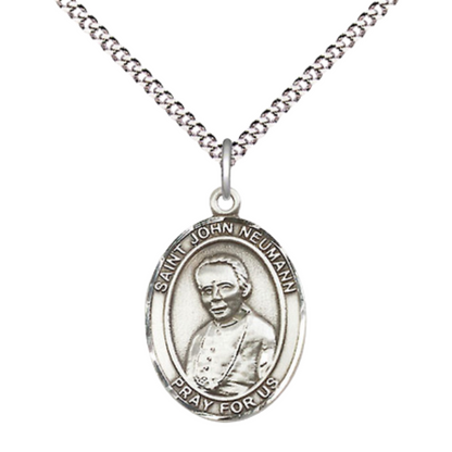 Everlasting Light Jewelry Medium Women's Pewter Saint St. John Neumann Pendant Necklace on 18- inch Rhodium- Plated Lite Curb Brass Chain – Patron Saint St. of Catholic Education – Velvet Gift Box Included