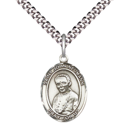 Medium Mens Oval .925 Sterling Silver Saint St. John Neumann Medal Pendant on 24 Inch Rhodium Plated Heavy Curb Brass Chain w/ Lobster Claw Clasp, Catholic Religious Necklace - Made in USA- Velvet Gift Box