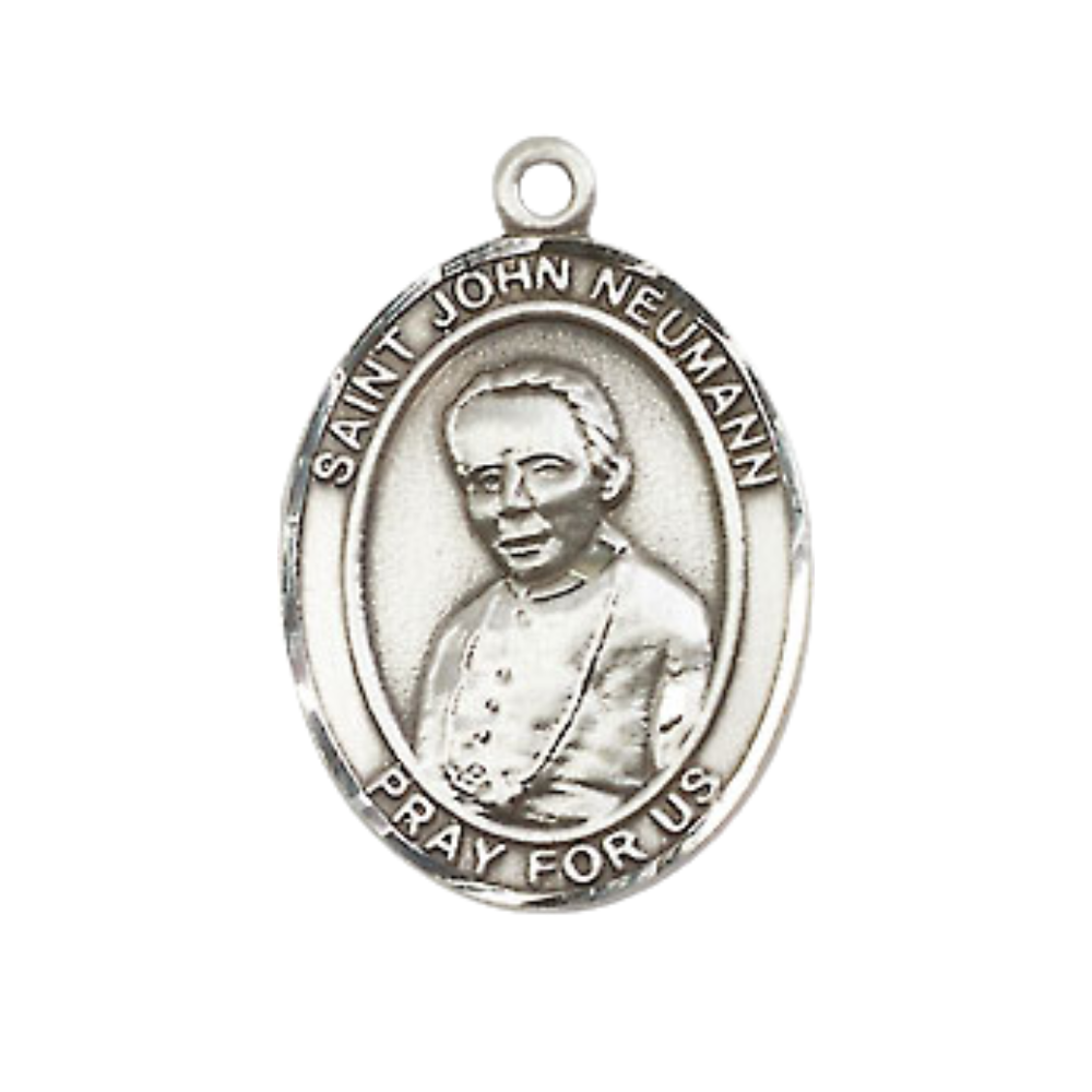 Everlasting Light Jewelry Medium Men's Pewter Saint St. John Neumann Medal Pendant on 24 Inch Endless Rhodium Plated Heavy Curb Brass Chain, Catholic Religious Necklace - Made in USA- Deluxe Velvet Gift Box
