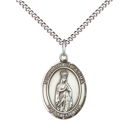 .925 Sterling Silver Our Lady of Fatima Medal Pendant on 18 Inch Rhodium Plated Lite Curb Brass Chain with Lobster Claw Clasp, Catholic Religious Necklace - Made in USA- Prayer Card Included