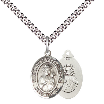 Medium Mens Oval .925 Sterling Silver Our Lady of Fatima Medal Pendant on 24 Inch Rhodium Plated Heavy Curb Brass Chain w/ Lobster Claw Clasp, Catholic Religious Necklace - Made in USA- Velvet Gift Box
