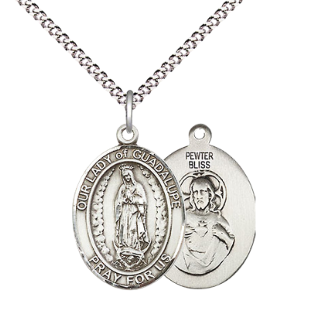 Everlasting Light Jewelry Medium Women's Pewter Our Lady of Guadalupe Pendant Necklace on 18- inch Rhodium- Plated Lite Curb Brass Chain – Catholic Religious Medal – Velvet Gift Box Included