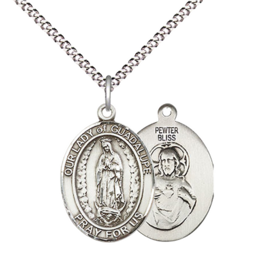 Everlasting Light Jewelry Medium Women's Pewter Our Lady of Guadalupe Pendant Necklace on 18- inch Rhodium- Plated Lite Curb Brass Chain – Catholic Religious Medal – Velvet Gift Box Included
