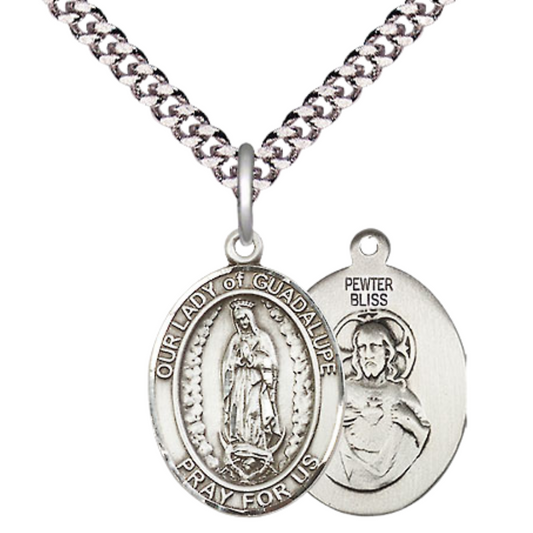 Everlasting Light Jewelry Medium Men's Pewter Our Lady of Guadalupe Medal Pendant on 24 Inch Endless Rhodium Plated Heavy Curb Brass Chain,Catholic Religious Necklace -Made in USA- Deluxe Velvet Gift Box