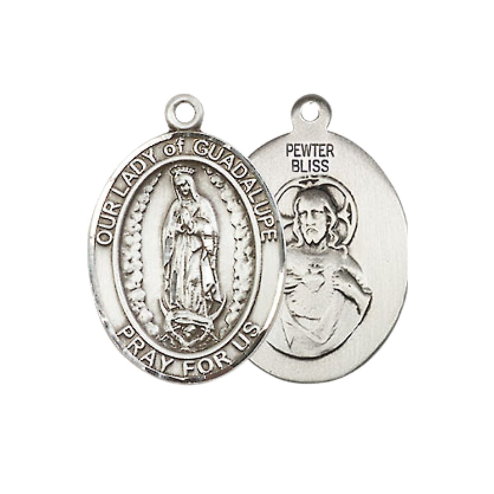 Everlasting Light Jewelry Medium Men's Pewter Our Lady of Guadalupe Medal Pendant on 24 Inch Endless Rhodium Plated Heavy Curb Brass Chain,Catholic Religious Necklace -Made in USA- Deluxe Velvet Gift Box