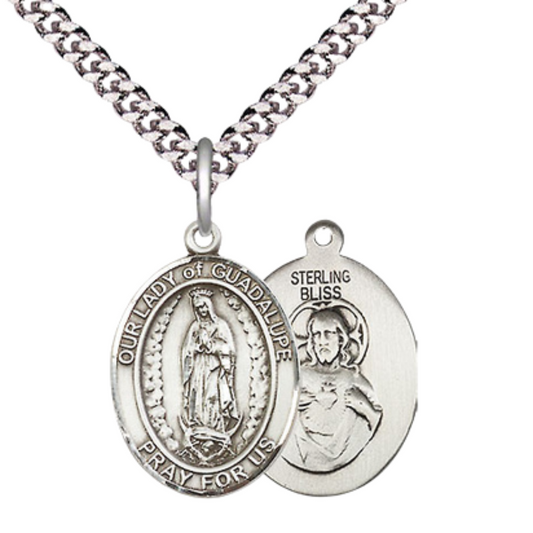 Medium Men's .925 Sterling Silver Our Lady of Guadalupe Medal Pendant on 24 Inch Endless Rhodium Plated Heavy Curb Brass Chain, Catholic Religious Necklace - Made in USA- Deluxe Velvet Gift Box
