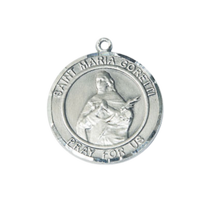 Medium .925 Sterling Silver Saint St. Maria Goretti Pendant Necklace – ¾” x ?” Medal on 18 Inch Rhodium- Plated Lite Curb Brass Chain with Lobster Claw Clasp, Catholic Medal - Patron Saint. of Young Women– Velvet Gift Box