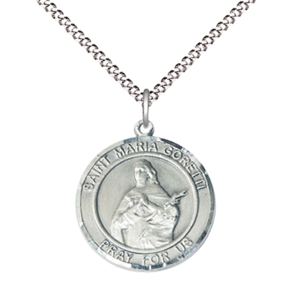 Medium .925 Sterling Silver Saint St. Maria Goretti Pendant Necklace – ¾” x ?” Medal on 18 Inch Rhodium- Plated Lite Curb Brass Chain with Lobster Claw Clasp, Catholic Medal - Patron Saint. of Young Women– Velvet Gift Box