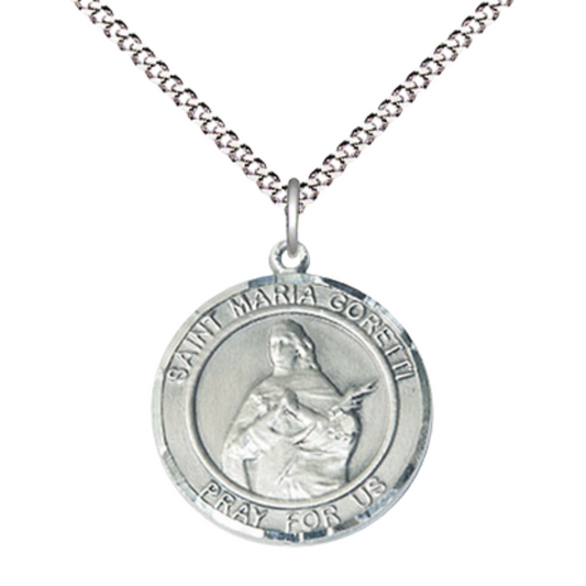 Medium .925 Sterling Silver Saint St. Maria Goretti Pendant Necklace – ¾” x ?” Medal on 18 Inch Rhodium- Plated Lite Curb Brass Chain with Lobster Claw Clasp, Catholic Medal - Patron Saint. of Young Women– Velvet Gift Box