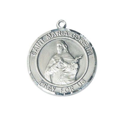 Men's .925 Sterling Silver Saint St. Maria Goretti Round Medium Medal Pendant on 24 Inch Endless Rhodium Plated Heavy Curb Brass Chain, Catholic Religious Necklace - Made in USA- Deluxe Velvet Gift Box