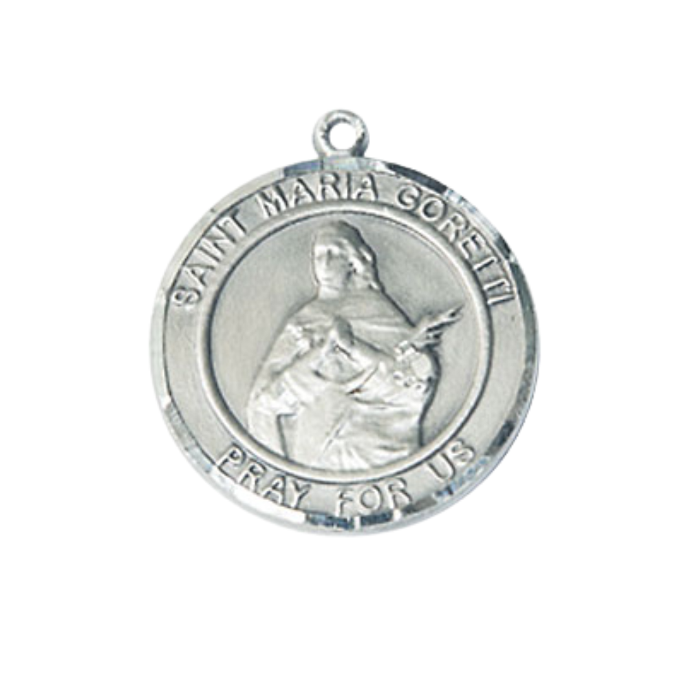 Mens Medium Round Pewter Saint Maria Goretti Medal Pendant on 24" Rhodium Plated Heavy Curb Brass Chain w/ Lobster Claw Clasp,Catholic Religious Necklace- Made in USA- Deluxe Velvet Gift Box