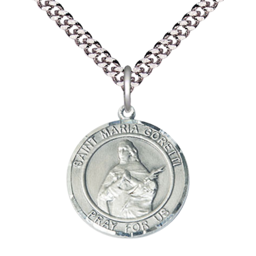 Medium Mens Round .925 Sterling Silver Saint St. Maria Goretti Medal Pendant on 24 Inch Rhodium Plated Heavy Curb Brass Chain w/ Lobster Claw Clasp, Catholic Religious Necklace- Made in USA- Velvet Gift Box