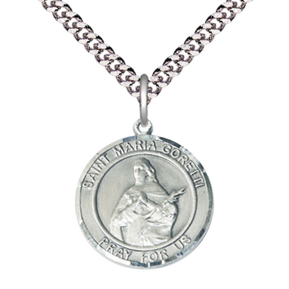 Medium Mens Round .925 Sterling Silver Saint St. Maria Goretti Medal Pendant on 24 Inch Rhodium Plated Heavy Curb Brass Chain w/ Lobster Claw Clasp, Catholic Religious Necklace- Made in USA- Velvet Gift Box