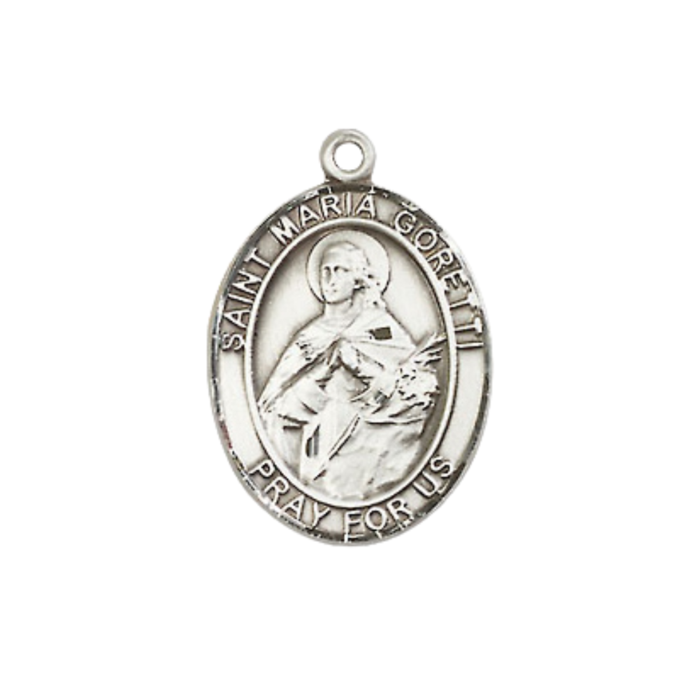 Everlasting Light Jewelry Medium .925 Sterling Silver Saint St. Maria Goretti Pendant Necklace on 18 Inch Rhodium Plated Lite Curb Brass Chain – Patron Saint St. of Young Women, Catholic Medal – Velvet Gift Box Included