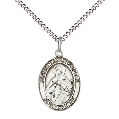 Everlasting Light Jewelry Medium .925 Sterling Silver Saint St. Maria Goretti Pendant Necklace on 18 Inch Rhodium Plated Lite Curb Brass Chain – Patron Saint St. of Young Women, Catholic Medal – Velvet Gift Box Included