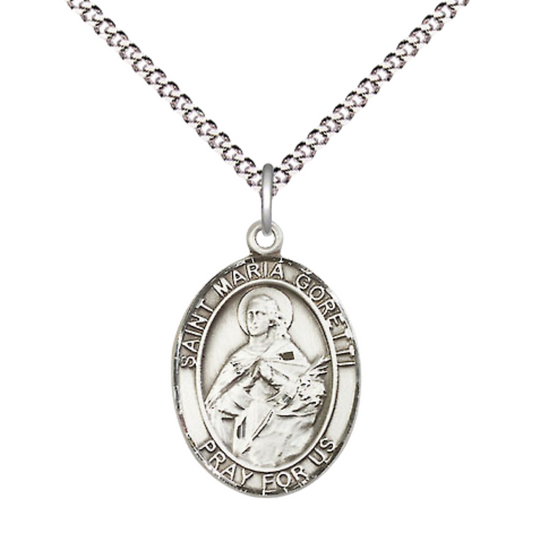 Everlasting Light Jewelry Medium Women's Pewter Saint Maria Goretti Pendant Necklace on 18-inch Rhodium-Plated Lite Curb Brass Chain – Religious Medal – Velvet Gift Box Included
