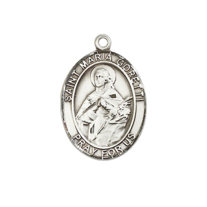 Medium Mens Oval Sterling Silver Saint Maria Goretti Medal Pendant on 24" Rhodium Plated Heavy Curb Brass Chain w/ Lobster Claw Clasp, Catholic Religious Necklace -Made in USA-Velvet Gift Box