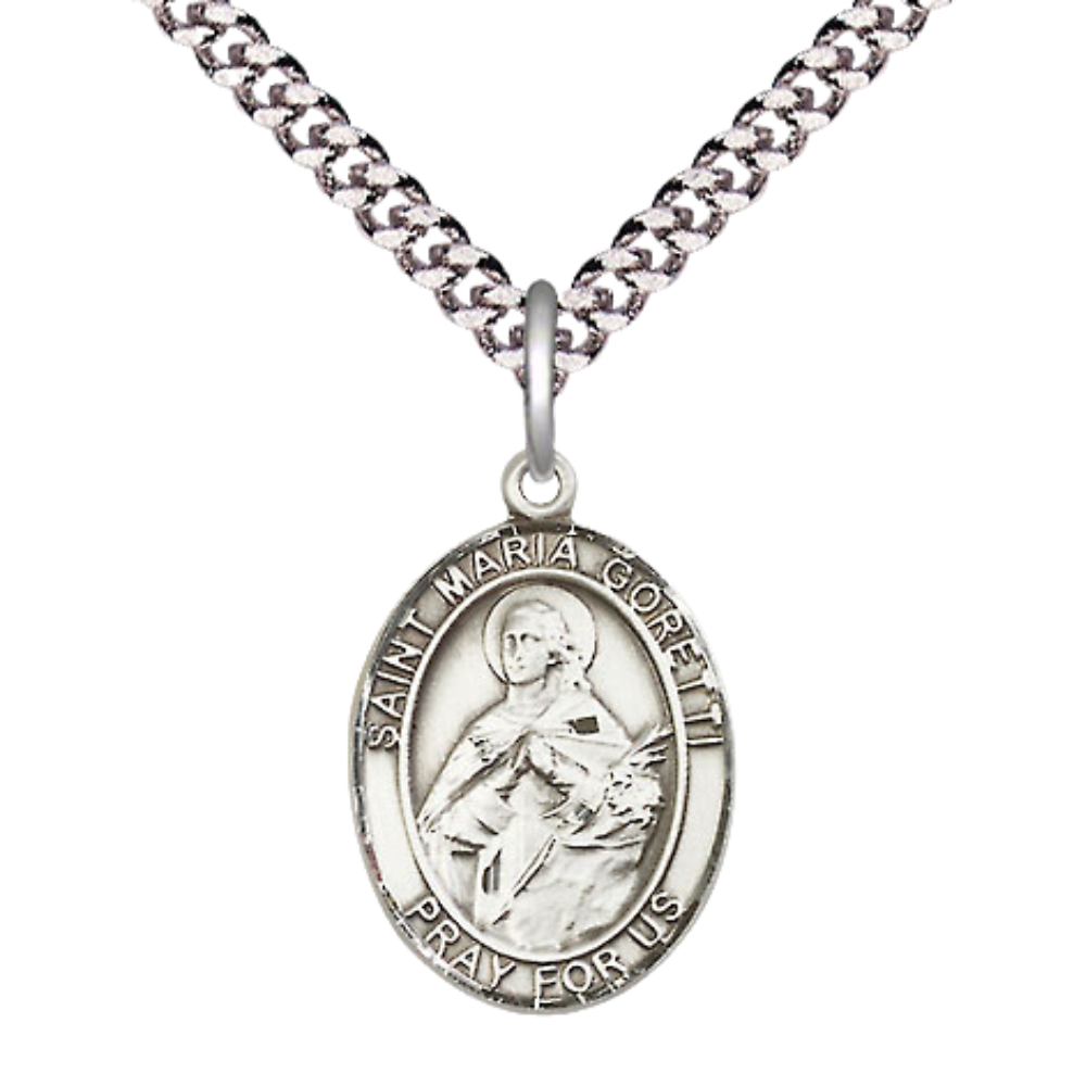 Men's Pewter Saint St. Maria Goretti Oval Medium Medal Pendant on 24 Inch Endless Rhodium Plated Heavy Curb Brass Chain, Catholic Religious Necklace - Made in USA- Deluxe Velvet Gift Box