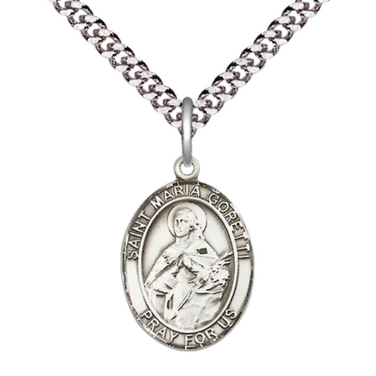 Men's .925 Sterling Silver Saint Maria Goretti Oval Medium Medal Pendant on 24 Inch Endless Rhodium Plated Heavy Curb Brass Chain, Catholic Religious Necklace -Made in USA- Deluxe Velvet Gift Box