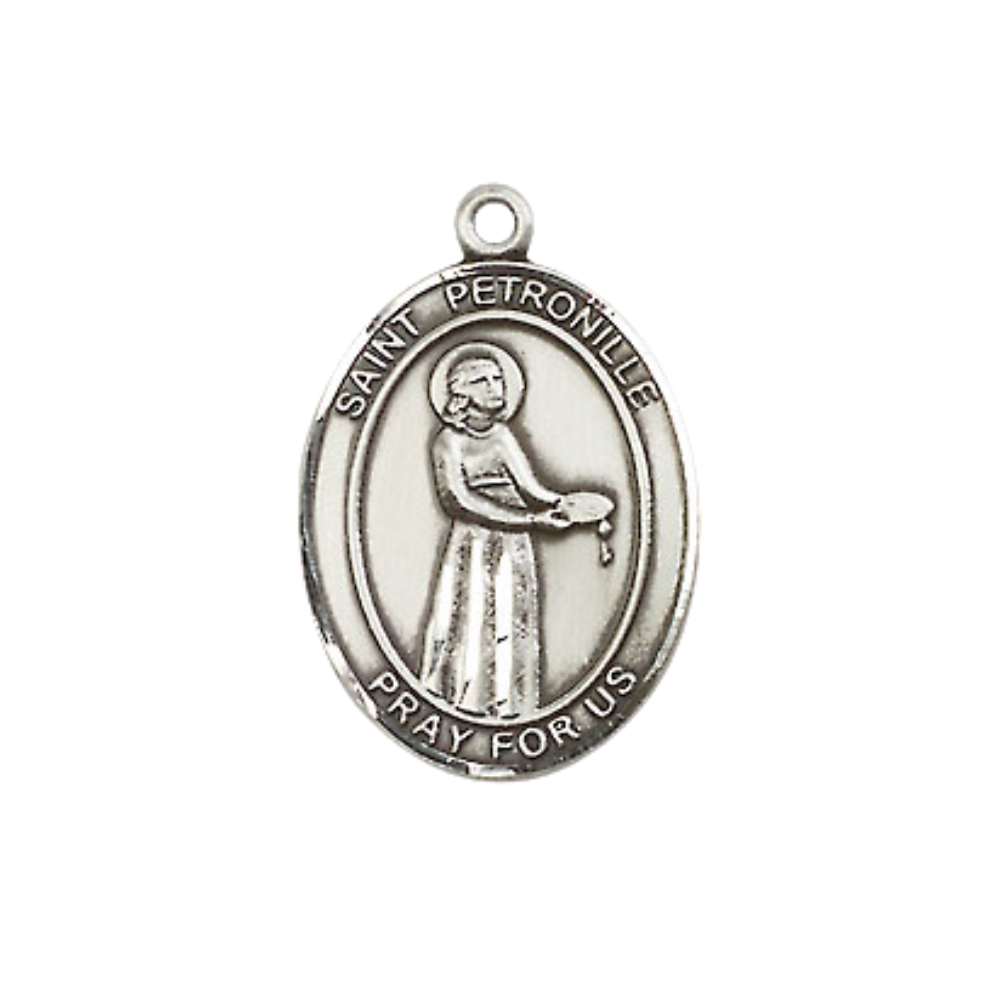 Everlasting Light Jewelry Medium Women's Pewter Saint St. Petronille Pendant Necklace on 18- inch Rhodium- Plated Lite Curb Brass Chain – Catholic Religious Medal – Velvet Gift Box Included
