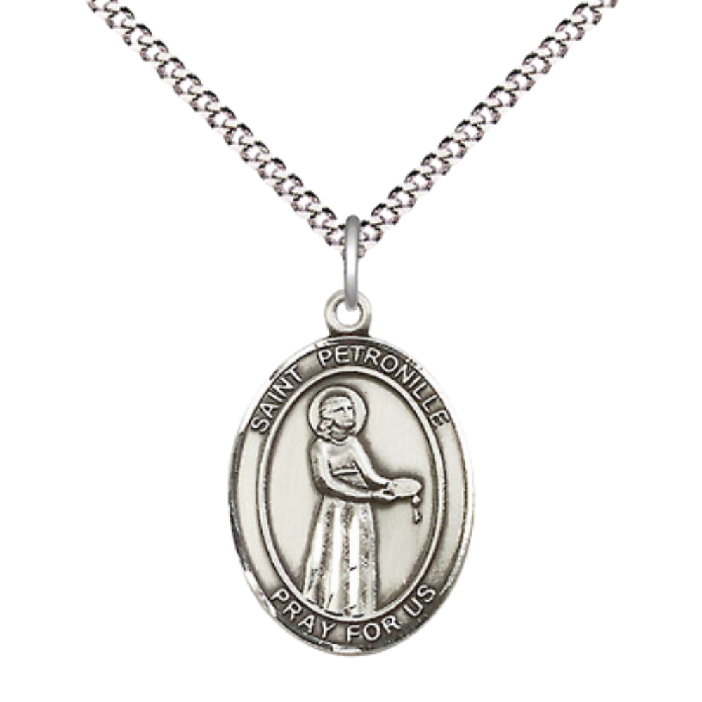 Everlasting Light Jewelry Medium Women's .925 Sterling Silver Saint St. Petronille Pendant Necklace on 18 Inch Rhodium Plated Lite Curb Brass Chain – Patron Saint St. of Fevers & Mountaineers, Catholic Medal – Velvet Gift Box Included