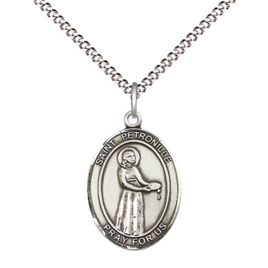 Everlasting Light Jewelry Medium Women's .925 Sterling Silver Saint St. Petronille Pendant Necklace on 18 Inch Rhodium Plated Lite Curb Brass Chain – Patron Saint St. of Fevers & Mountaineers, Catholic Medal – Velvet Gift Box Included