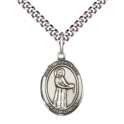 Everlasting Light Jewelry Medium Men's Pewter Saint St.Petronille Medal Pendant on 24 Inch Endless Rhodium Plated Heavy Curb Brass Chain, Catholic Religious Necklace -Made in USA- Deluxe Velvet Gift Box