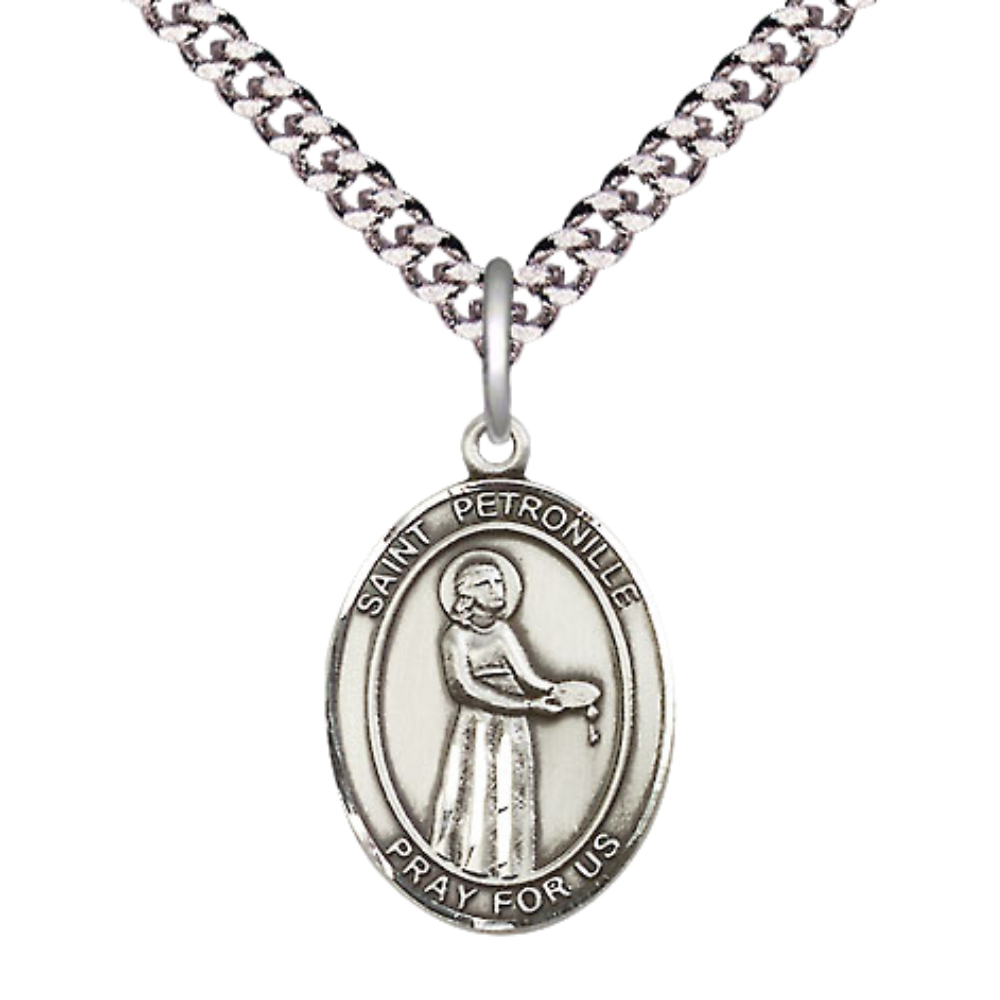 Medium Men's .925 Sterling Silver Saint St. Petronille Medal Pendant on 24 Inch Endless Rhodium Plated Heavy Curb Brass Chain, Catholic Religious Necklace - Made in USA- Deluxe Velvet Gift Box