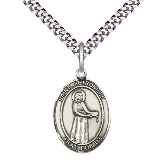 Medium Men's .925 Sterling Silver Saint St. Petronille Medal Pendant on 24 Inch Endless Rhodium Plated Heavy Curb Brass Chain, Catholic Religious Necklace - Made in USA- Deluxe Velvet Gift Box