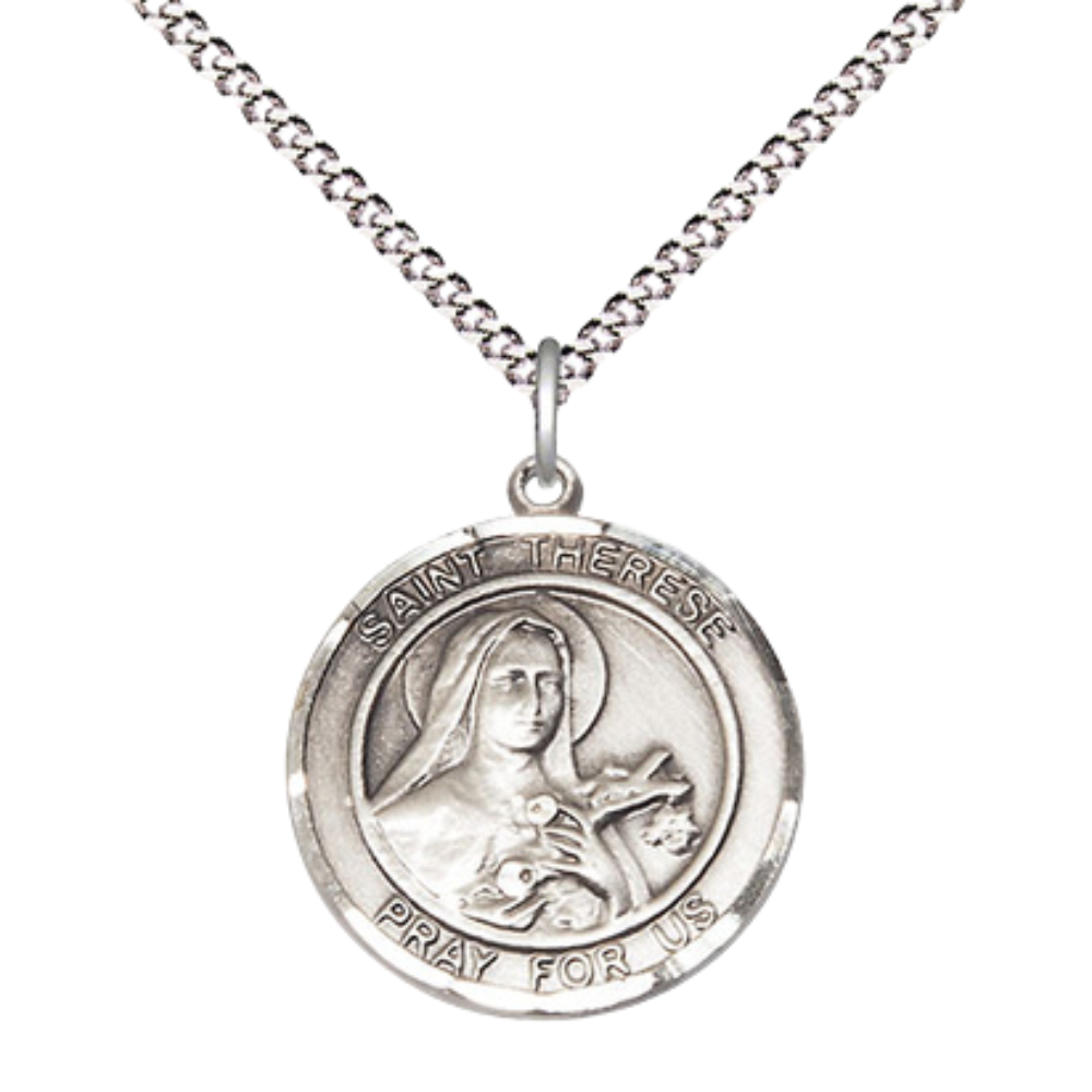 Medium Women's .925 Sterling Silver Saint St. Therese of Lisieux Pendant Necklace on 18 Inch Rhodium- Plated Lite Curb Brass Chain with Lobster Claw Clasp, Catholic Medal - Patron Saint. of Aviators & Florists – Velvet Gift Box