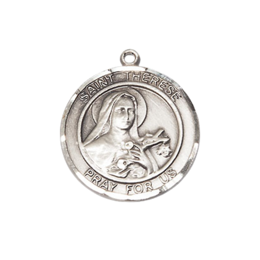 Medium Mens Round .925 Sterling Silver Saint St. Therese of Lisieux Medal Pendant on 24 Inch Rhodium Plated Heavy Curb Brass Chain w/ Lobster Claw Clasp, Catholic Religious Necklace- Made in USA- Velvet Gift Box
