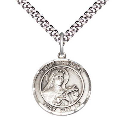 Mens Medium Round Pewter Saint St. Therese of Lisieux Medal Pendant on 24 Inch Rhodium Plated Heavy Curb Brass Chain w/ Lobster Claw Clasp, Catholic Religious Necklace - Made in USA- Velvet Gift Box