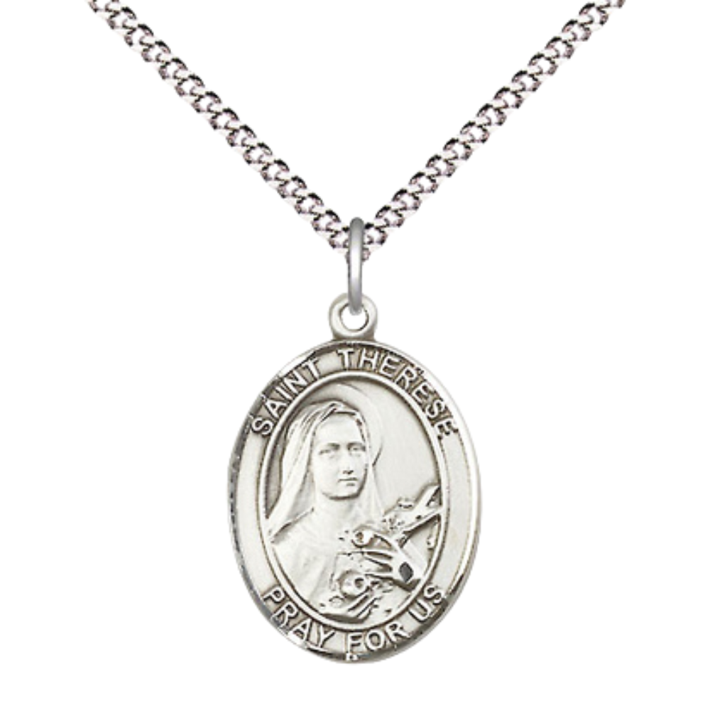 Medium Women's .925 Sterling Silver Saint St. Therese of Lisieux Pendant Necklace on 18 Inch Rhodium Plated Lite Curb Brass Chain – Patron Saint St. of Aviators & Florists, Catholic Medal – Velvet Gift Box Included
