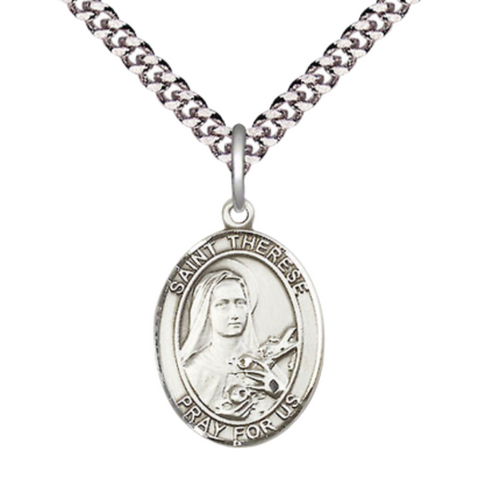 Medium Men's Pewter Saint St. Therese of Lisieux Medal Pendant on 24 Inch Endless Rhodium Plated Heavy Curb Brass Chain, Catholic Religious Necklace - Made in USA- Deluxe Velvet Gift Box