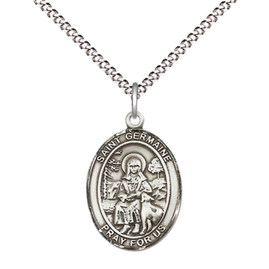Medium Women's .925 Sterling Silver Saint St. Germaine Cousin Pendant Necklace on 18 Inch Rhodium Plated Lite Curb Brass Chain – Patron Saint St. of Disabled & Abuse Victims, Catholic Medal – Velvet Gift Box Included