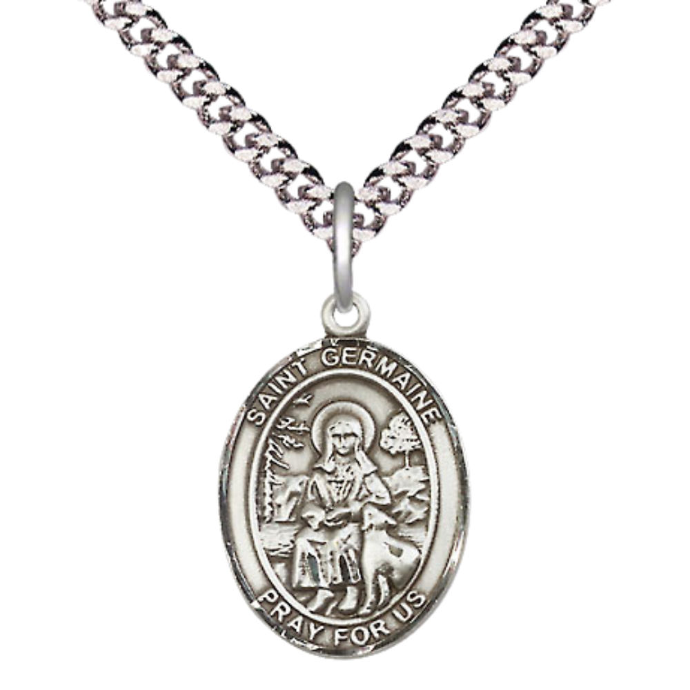 Medium Men's Pewter Saint St. Germaine Cousin Medal Pendant on 24 Inch Endless Rhodium Plated Heavy Curb Brass Chain, Catholic Religious Necklace - Made in USA- Deluxe Velvet Gift Box