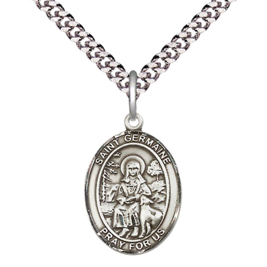Medium Men's .925 Sterling Silver Saint St. Germaine Cousin Medal Pendant on 24 Inch Endless Rhodium Plated Heavy Curb Brass Chain, Catholic Religious Necklace - Made in USA- Deluxe Velvet Gift Box