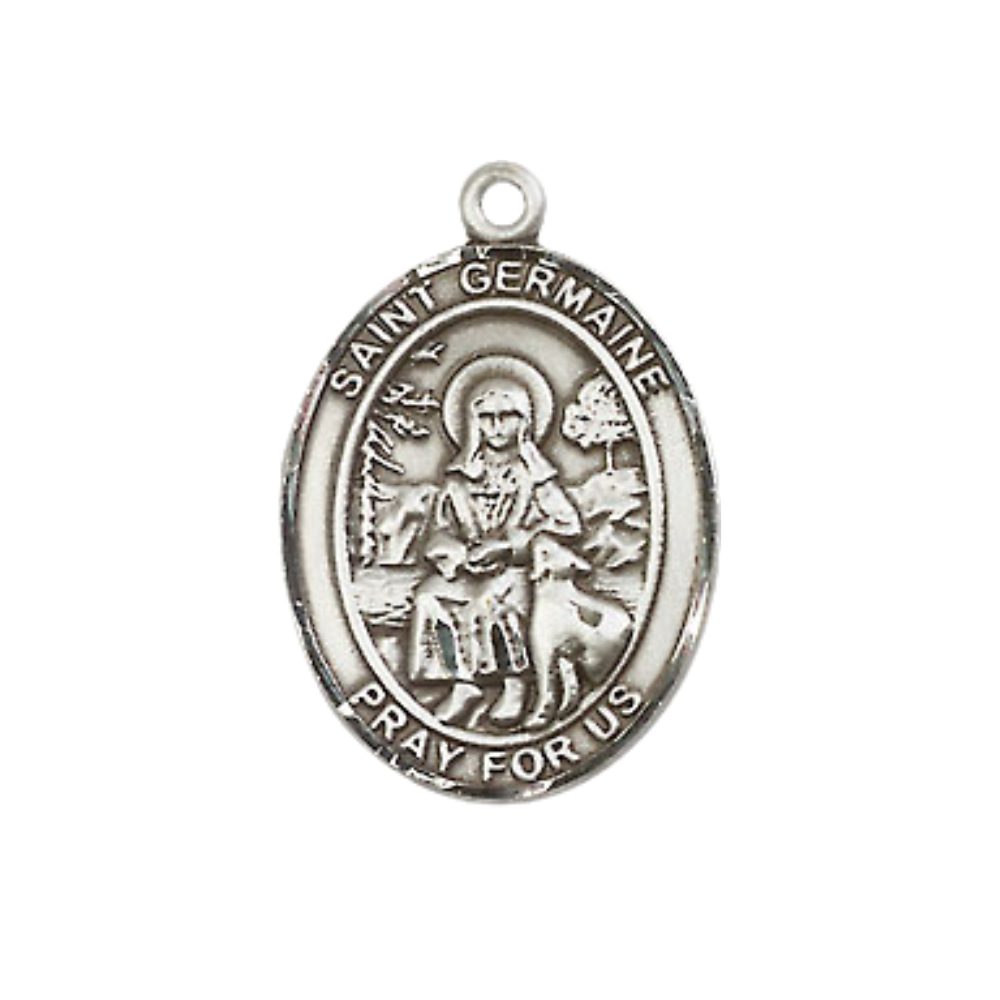 Medium Men's Pewter Saint St. Germaine Cousin Medal Pendant on 24 Inch Endless Rhodium Plated Heavy Curb Brass Chain, Catholic Religious Necklace - Made in USA- Deluxe Velvet Gift Box