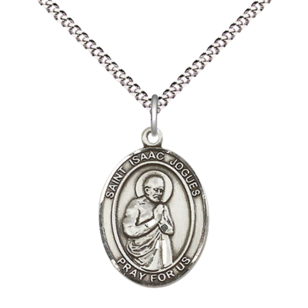 Everlasting Light Jewelry Medium Women's Sterling Silver Saint Isaac Jogues Pendant Necklace on 18" Rhodium Plated Lite Curb Brass Chain – Patron Saint of The Americas – Velvet Gift Box Included