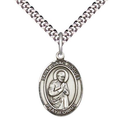 Mens Medium Oval Pewter Saint St. Isaac Jogues Medal Pendant on 24 Inch Rhodium Plated Heavy Curb Brass Chain w/ Lobster Claw Clasp, Catholic Religious Necklace - Made in USA- Deluxe Velvet Gift Box
