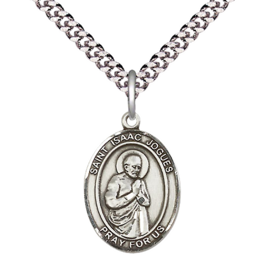 Medium Mens Oval .925 Sterling Silver Saint St. Isaac Jogues Medal Pendant on 24 Inch Rhodium Plated Heavy Curb Brass Chain w/ Lobster Claw Clasp, Catholic Religious Necklace - Made in USA- Velvet Gift Box