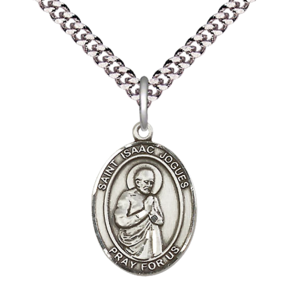 Everlasting Light Jewelry Medium Men's Pewter Saint St. Isaac Jogues Medal Pendant on 24 Inch Endless Rhodium Plated Heavy Curb Brass Chain, Catholic Religious Necklace - Made in USA- Deluxe Velvet Gift Box