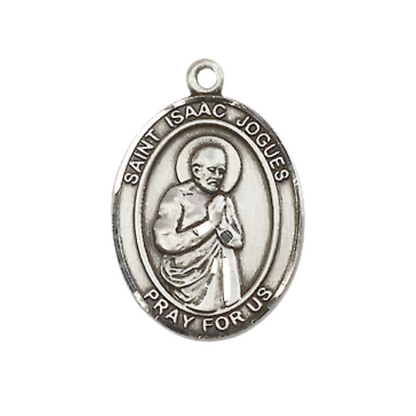 Medium Men's .925 Sterling Silver Saint Isaac Jogues Medal Pendant on 24 Inch Endless Rhodium Plated Heavy Curb Brass Chain, Catholic Religious Necklace -Made in USA- Deluxe Velvet Gift Box