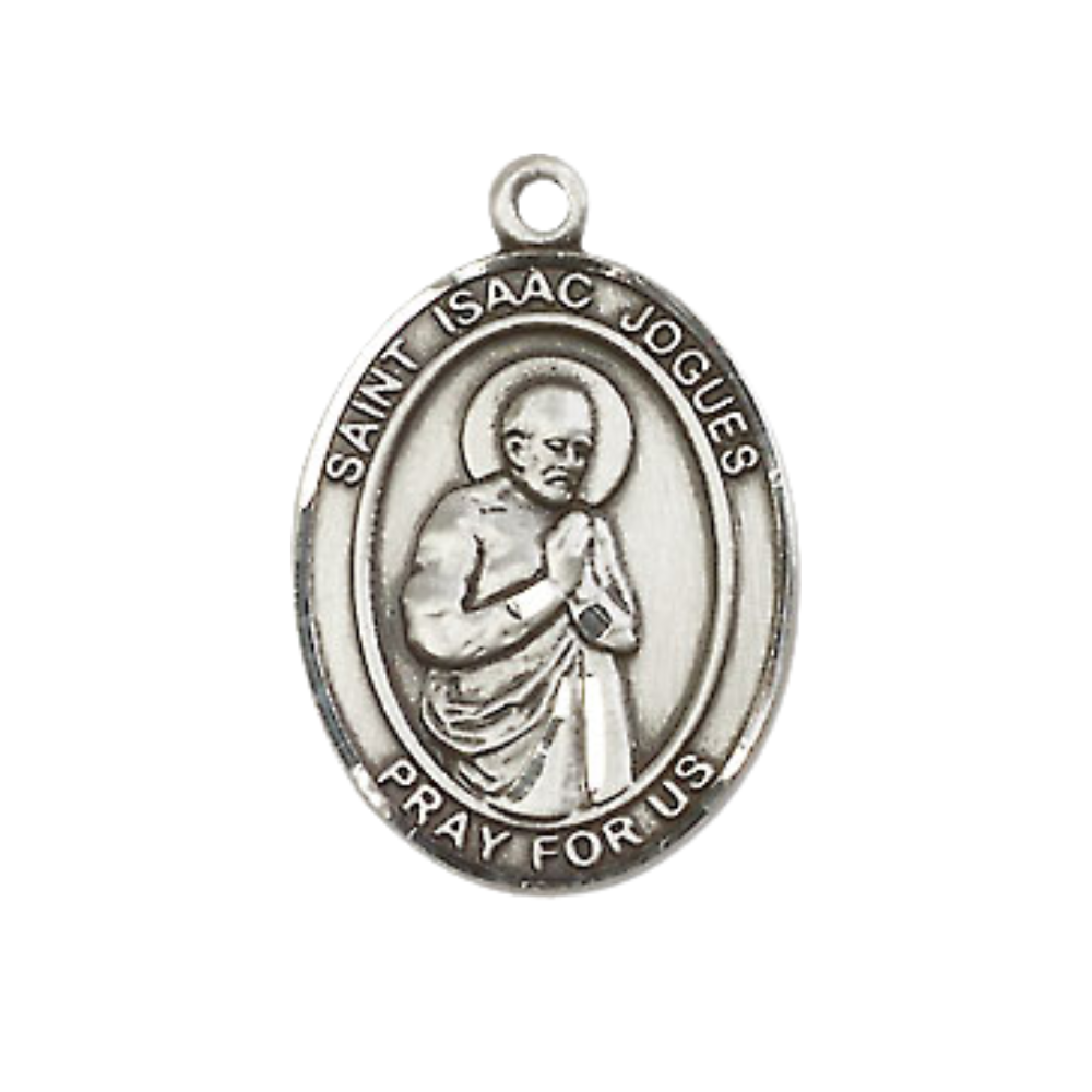 Everlasting Light Jewelry Medium Men's Pewter Saint St. Isaac Jogues Medal Pendant on 24 Inch Endless Rhodium Plated Heavy Curb Brass Chain, Catholic Religious Necklace - Made in USA- Deluxe Velvet Gift Box