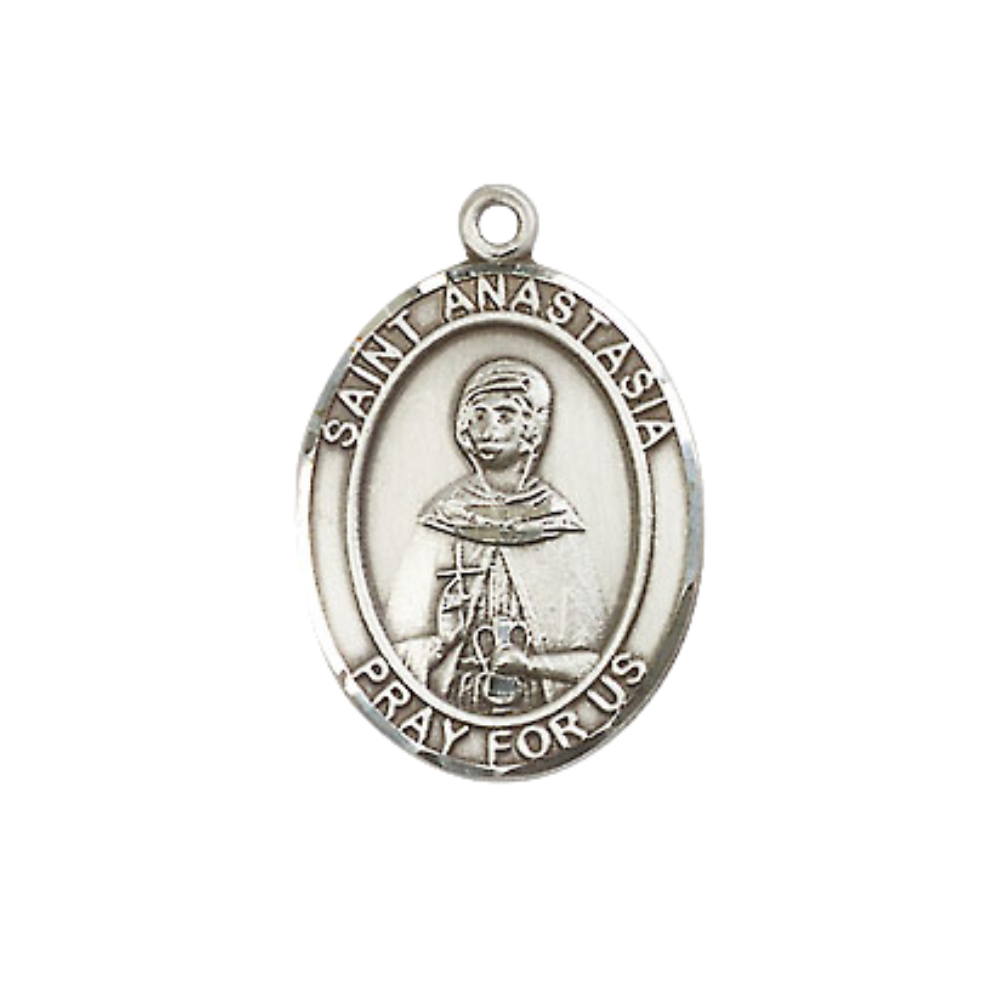 Everlasting Light Jewelry Medium Women's Pewter Saint St. Anastasia Pendant Necklace on 18- inch Rhodium- Plated Lite Curb Brass Chain – Catholic Religious Medal – Velvet Gift Box Included