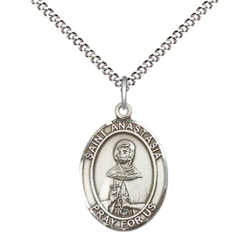 Everlasting Light Jewelry Medium Women's .925 Sterling Silver Saint St. Anastasia Pendant Necklace on 18 Inch Rhodium Plated Lite Curb Brass Chain – Patron Saint St. of Martyrs/Widows, Catholic Medal – Velvet Gift Box Included