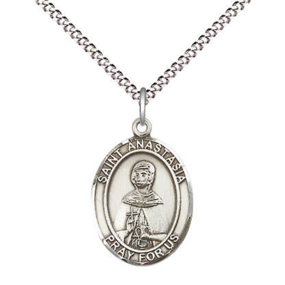 Everlasting Light Jewelry Medium Women's .925 Sterling Silver Saint St. Anastasia Pendant Necklace on 18 Inch Rhodium Plated Lite Curb Brass Chain – Patron Saint St. of Martyrs/Widows, Catholic Medal – Velvet Gift Box Included